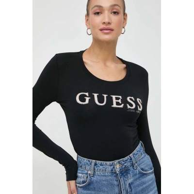 Tričko s dlouhým rukávem Guess PONY HAIR černá barva, W4RI76 J1314