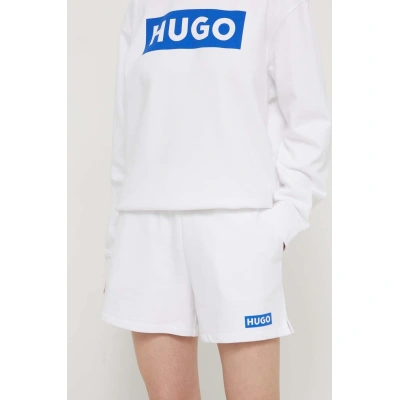 Bavlněné šortky Hugo Blue bílá barva, s potiskem, high waist