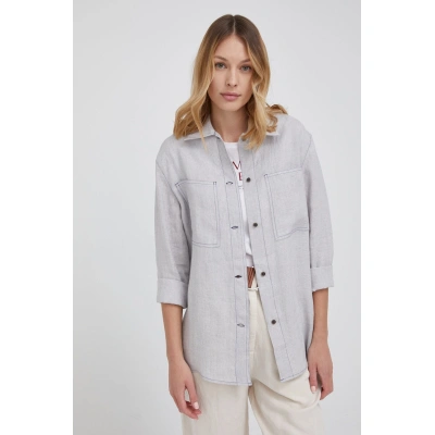 Plátěná košile Emporio Armani dámská, šedá barva, regular, s klasickým límcem