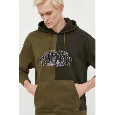 Bavlněná mikina Tommy Jeans pánská, zelená barva, s kapucí, s aplikací