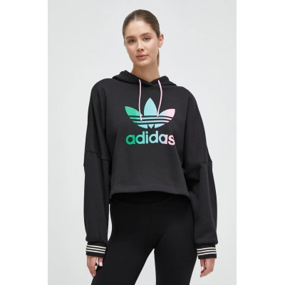 Bavlněná mikina adidas Originals dámská, černá barva, s kapucí, s aplikací