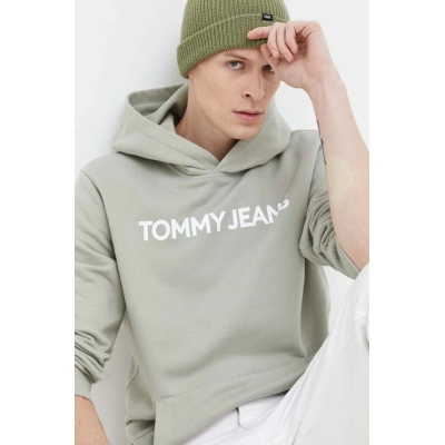 Bavlněná mikina Tommy Jeans pánská, zelená barva, s kapucí, s potiskem