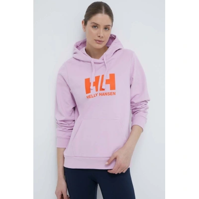 Bavlněná mikina Helly Hansen dámská, růžová barva, s kapucí, s potiskem, 34460