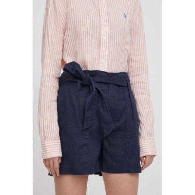 Plátěné kraťasy Lauren Ralph Lauren tmavomodrá barva, hladké, high waist, 200862092