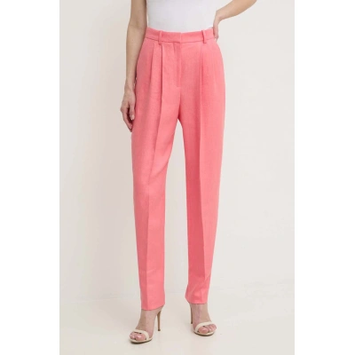Plátěné kalhoty BOSS fialová barva, jednoduché, high waist, 50512869