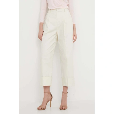 Kalhoty Lauren Ralph Lauren dámské, béžová barva, jednoduché, high waist, 200871814