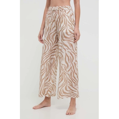 Hedvábné plážové kalhoty Max Mara Beachwear béžová barva, high waist, 2416131019600