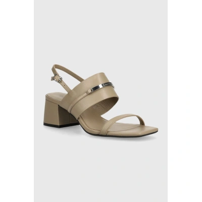 Kožené sandály Calvin Klein HEEL SANDAL 45 MET BAR LTH béžová barva, HW0HW02056