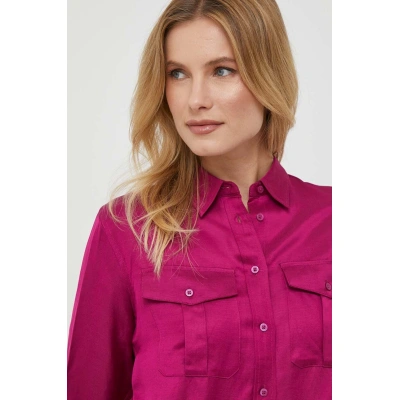 Košile s příměsí lnu Lauren Ralph Lauren růžová barva, regular, s klasickým límcem