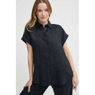 Lněná košile Lauren Ralph Lauren černá barva, relaxed, s klasickým límcem, 200699152