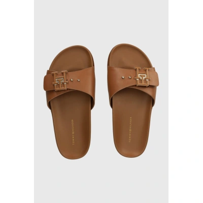 Kožené pantofle Tommy Hilfiger TH HARDWARE LEATHER FLAT SANDAL dámské, hnědá barva, FW0FW07940