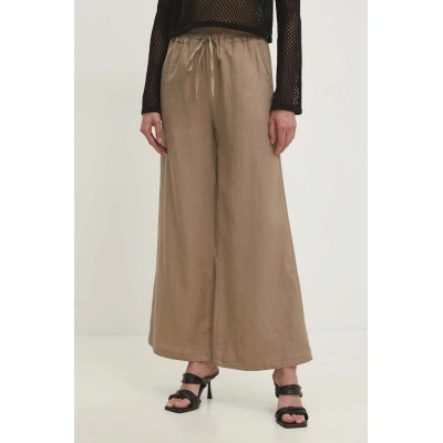 Kalhoty s lněnou směsí Answear Lab béžová barva, široké, high waist