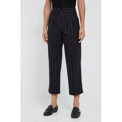 Vlněné kalhoty Lauren Ralph Lauren dámské, černá barva, jednoduché, high waist