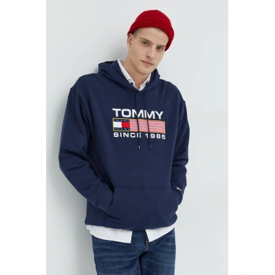 Bavlněná mikina Tommy Jeans pánská, tmavomodrá barva, s aplikací