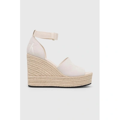 Sandály Calvin Klein Jeans WEDGE SANDAL WIDE SU CON dámské, béžová barva, na klínku, YW0YW00963