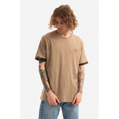 Bavlněné tričko Alpha Industries hnědá barva, s potiskem, 106509.408-brown